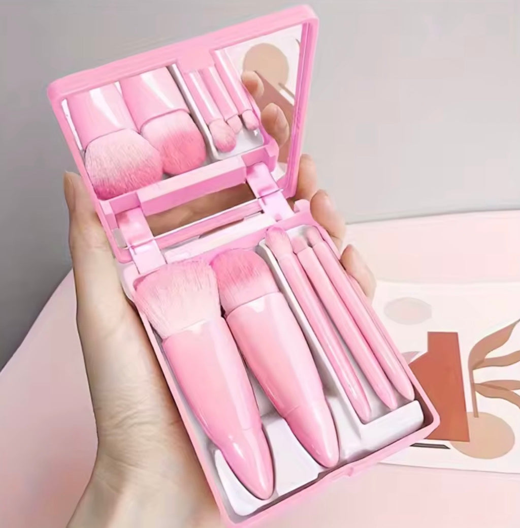 GlamOn-Go™ 5-Piece Mini Makeup Brush Set with Mirror – Foldable Travel Kit