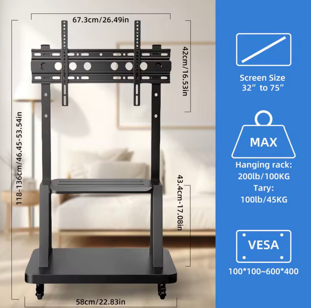 📺 Move It Anywhere — Heavy-Duty Rolling TV Stand (32–75”)