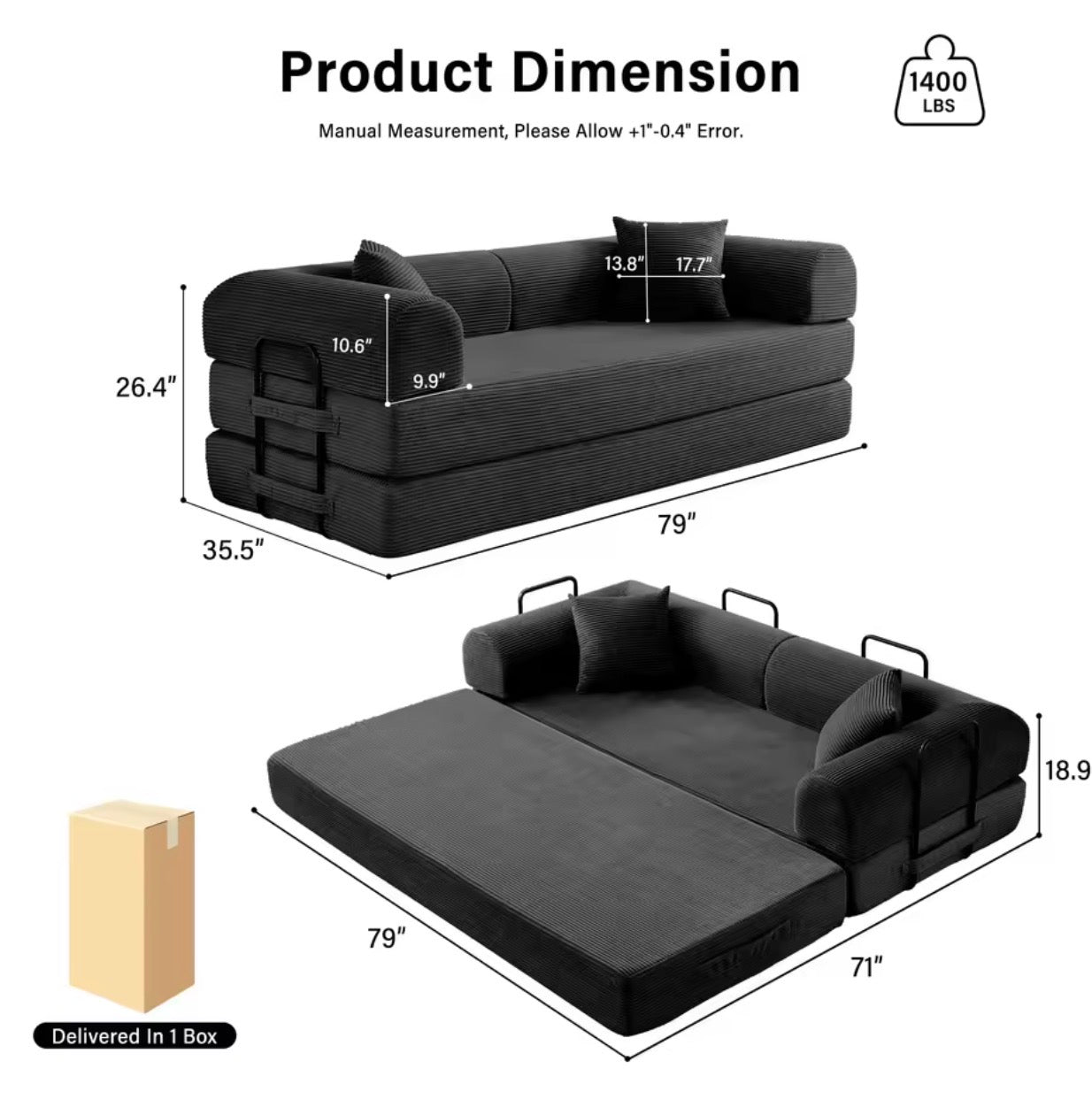 LuxeLounge™ 59” & 79” Convertible Floor Sofa Bed – Premium Foldable Futon with L-Armrests