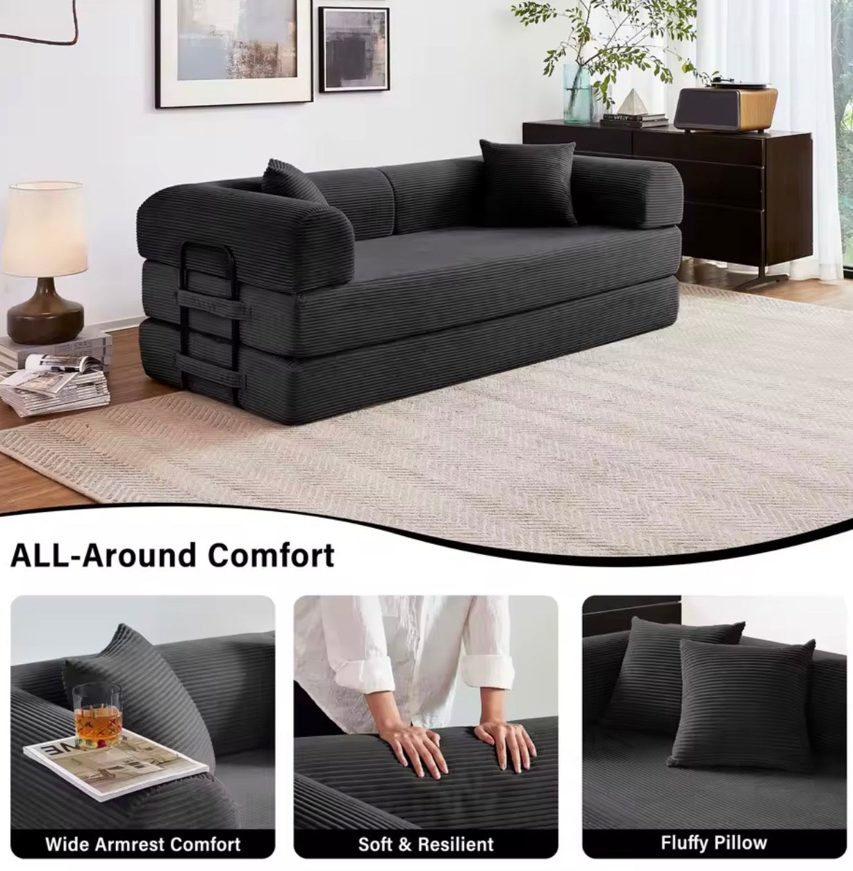 LuxeLounge™ 59” & 79” Convertible Floor Sofa Bed – Premium Foldable Futon with L-Armrests