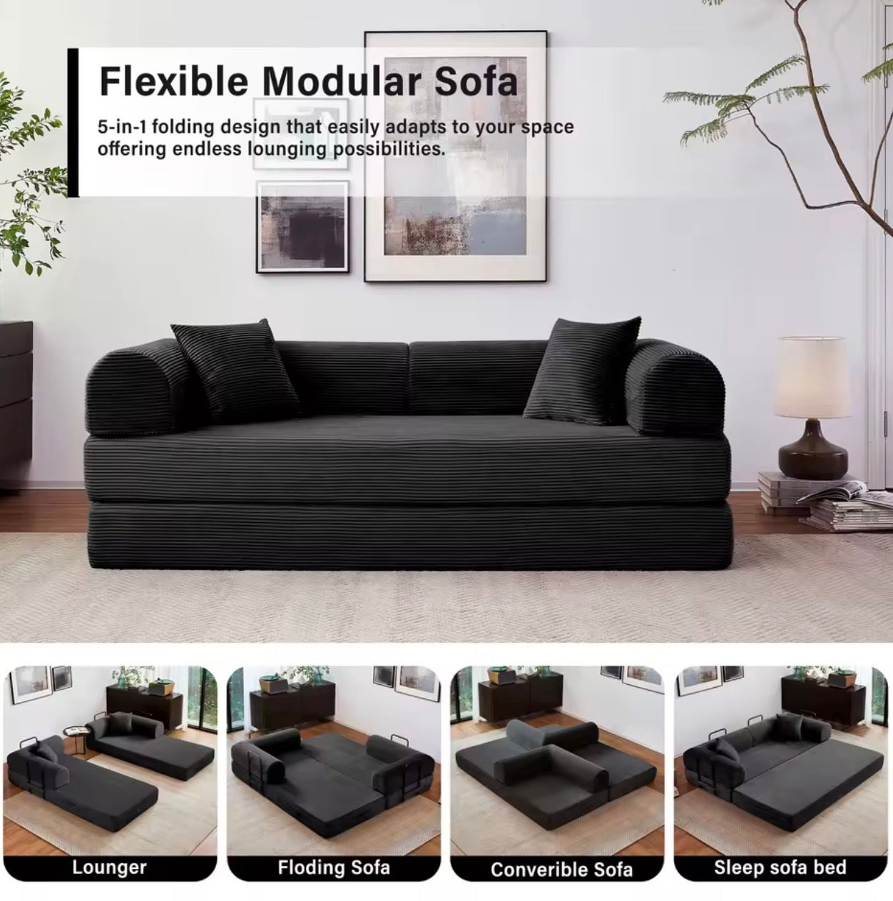 LuxeLounge™ 59” & 79” Convertible Floor Sofa Bed – Premium Foldable Futon with L-Armrests