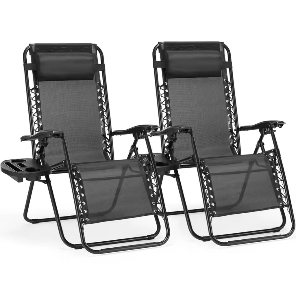 Zero Gravity Recliner Chairs (Set of 2) – Portable Folding Outdoor Lounge with Cup Holder