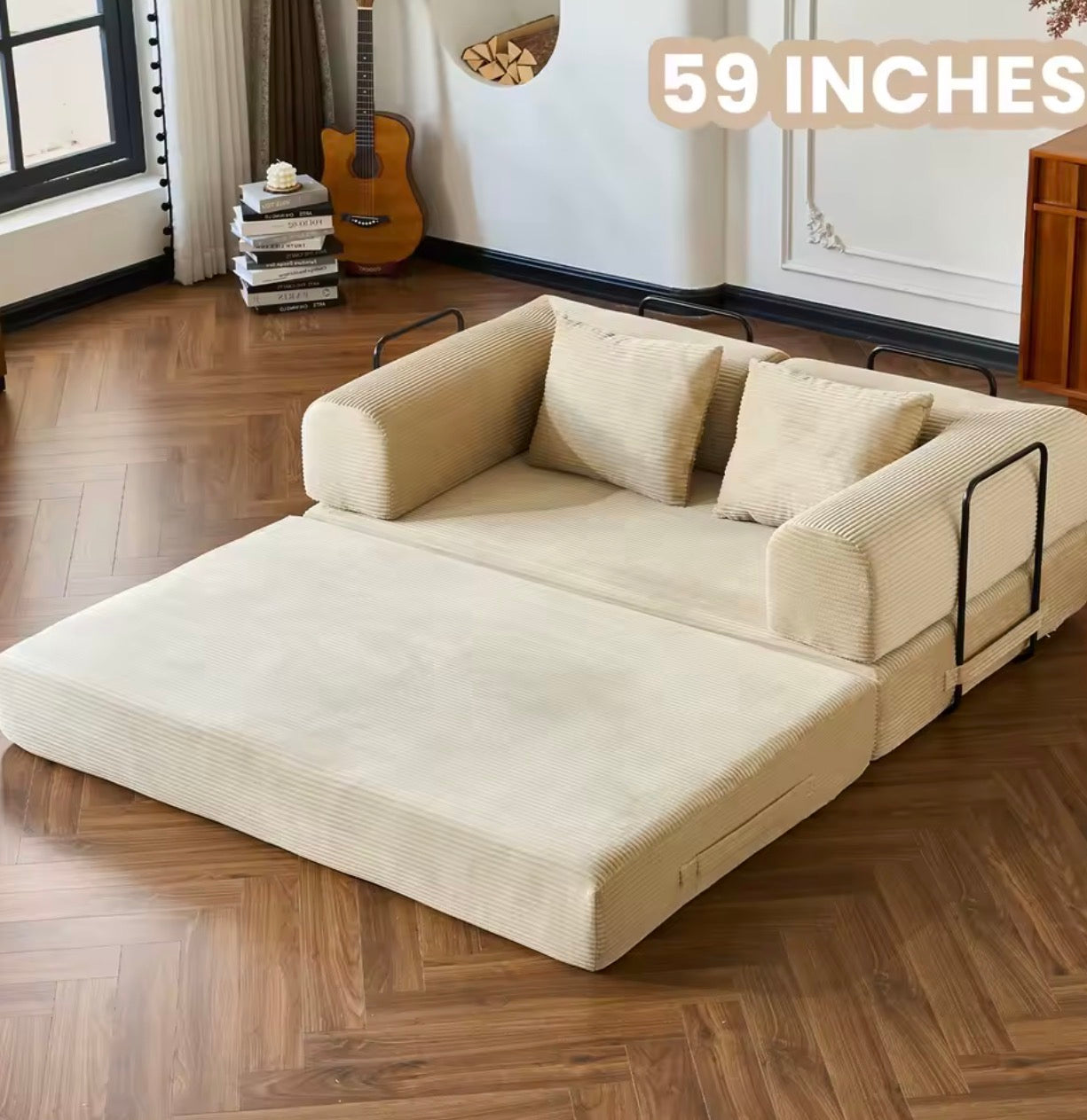 LuxeLounge™ 59” & 79” Convertible Floor Sofa Bed – Premium Foldable Futon with L-Armrests