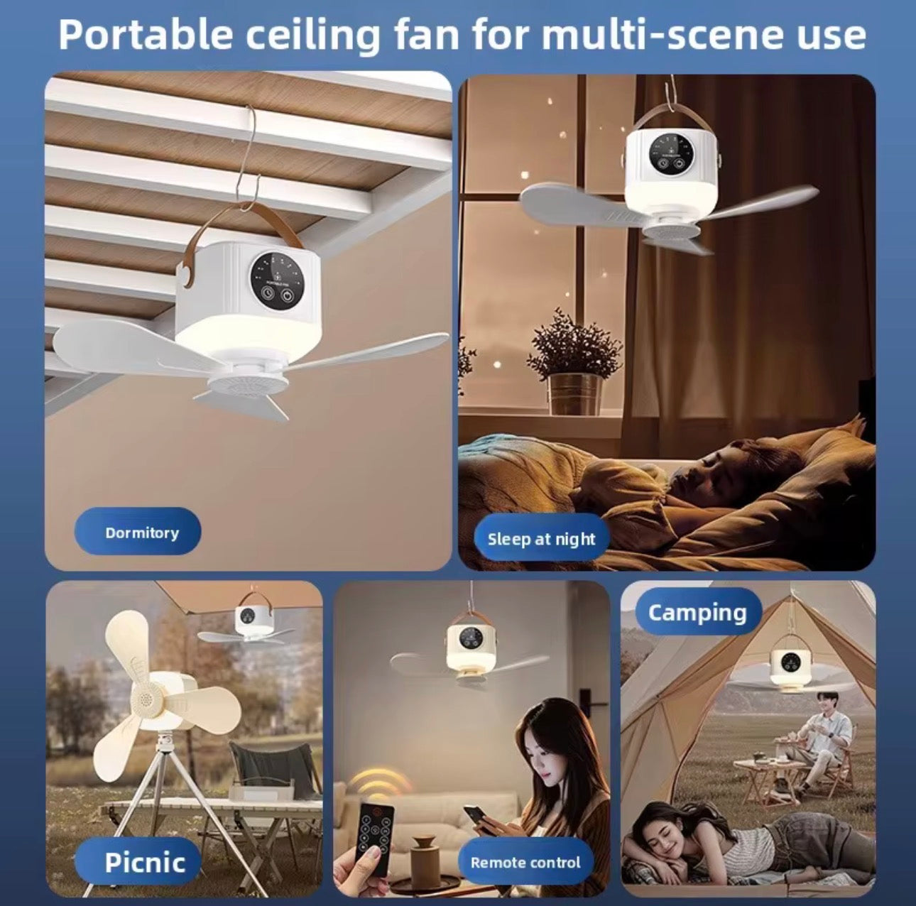 Portable Rechargeable Ceiling Fan – Quiet USB Hanging Fan for Bed, Dorm & Camping